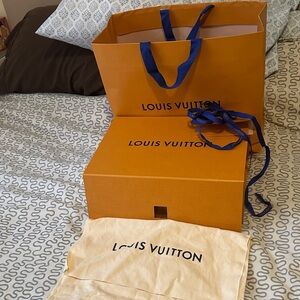 Louis Vuitton Orange Box with Blue Ribbon, Cream Dust Bag & Shopping Bag Too.